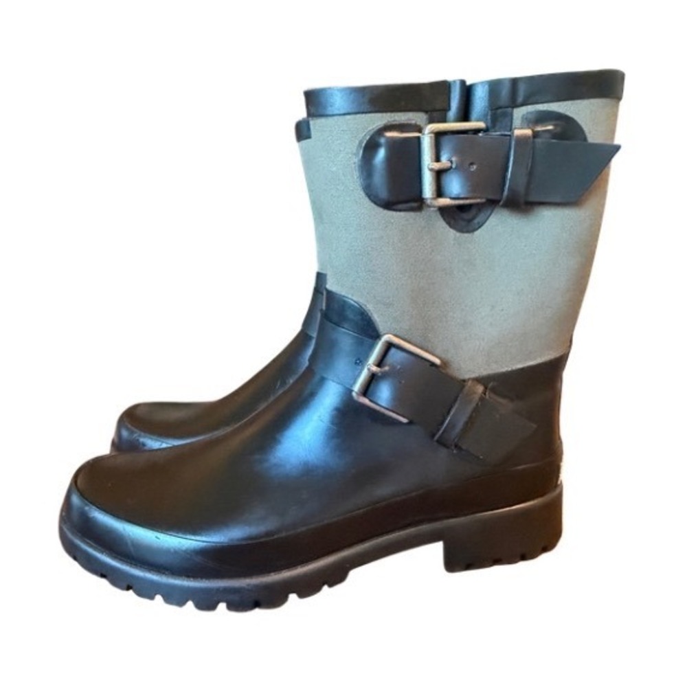 Lauren Ralph Lauren Mira II Rain Boots Buckle Canvas Rubber Black Green Size 7B